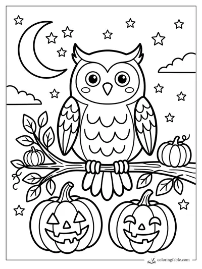 Cute Halloween owl on a branch with jack-o'-lanterns, crescent moon, stars, leaves, and clouds