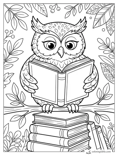 Cartoon owl reading an open book while perched on a branch above stacked books and leafy vines.