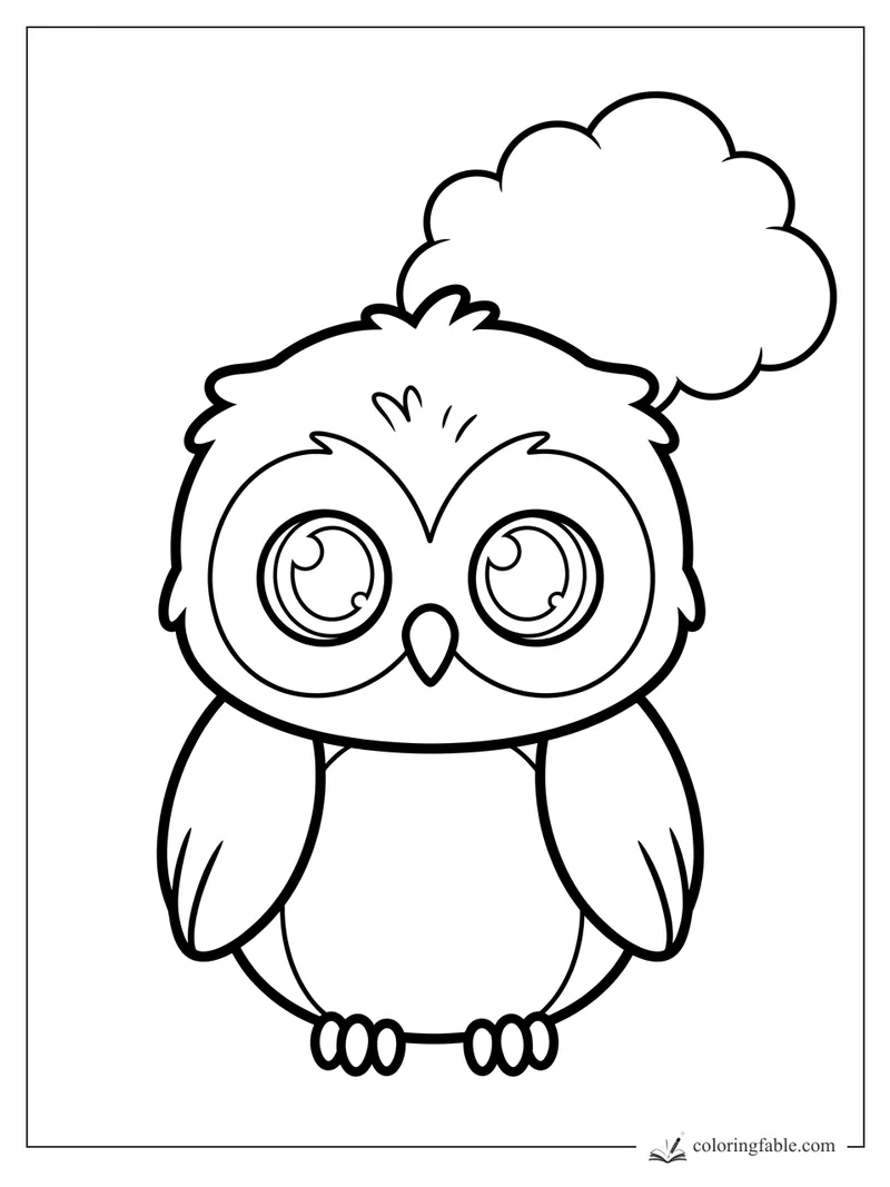 Easy owl coloring page with huge shiny eyes, small beak, rounded wings, and a fluffy thought cloud.