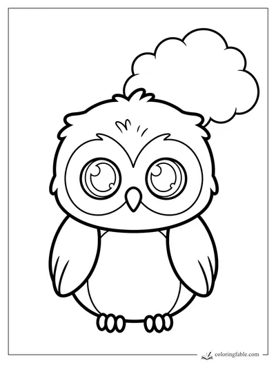 Easy owl coloring page with huge shiny eyes, small beak, rounded wings, and a fluffy thought cloud.