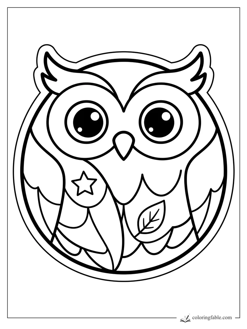 Cute sticker owl with big eyes, a star on one wing, and a leaf in a round border