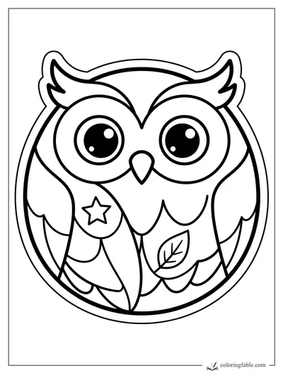 Cute sticker owl with big eyes, a star on one wing, and a leaf in a round border