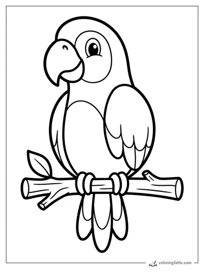 Bold easy coloring page of a big-eyed parrot perched on a leafy branch