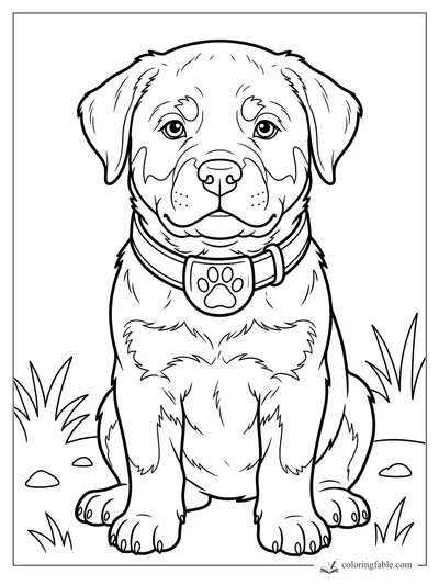 Big-eyed puppy sitting in grass with floppy ears, whisker dots, and a paw-print collar tag.