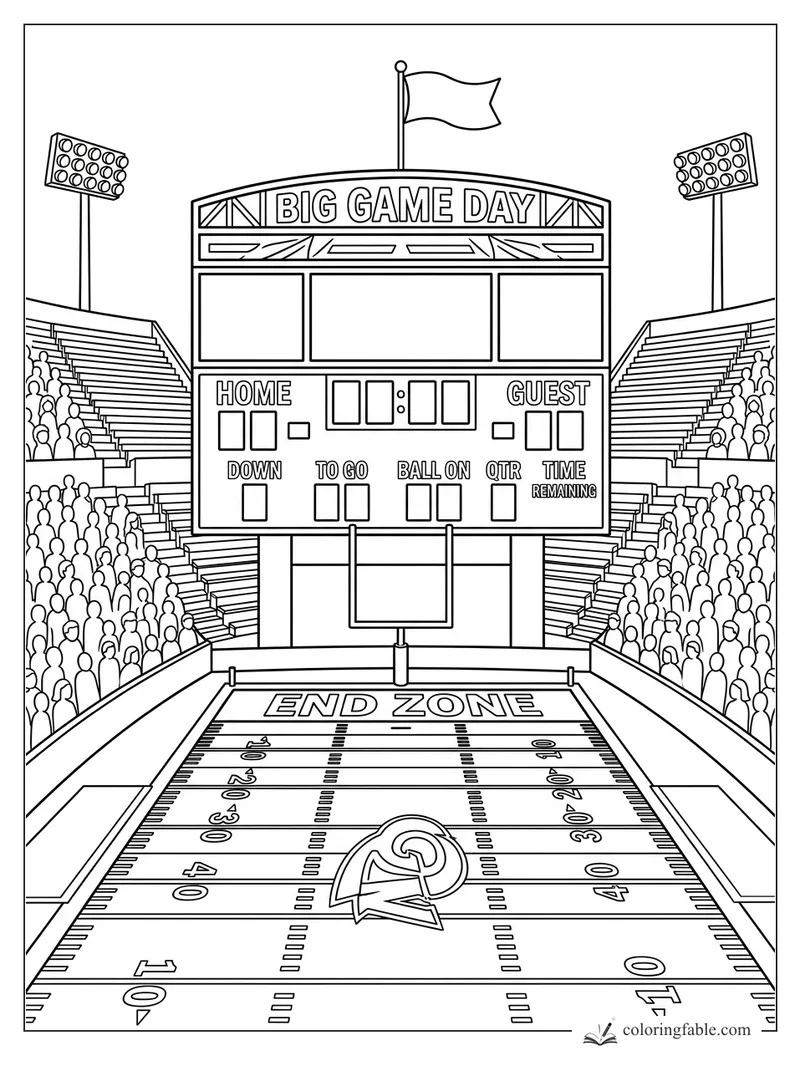 Football stadium scoreboard reading Big Game Day above a packed end zone and field numbers