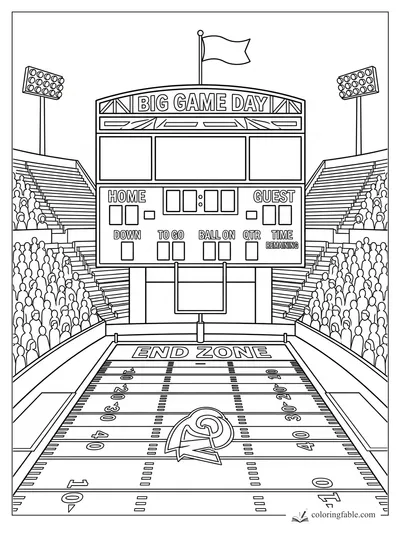 Football stadium scoreboard reading Big Game Day above a packed end zone and field numbers