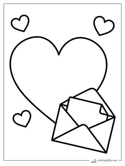 Easy coloring page with a large heart, three small hearts, and an open envelope in front.