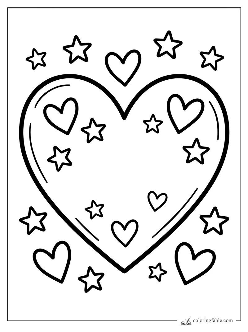 Bold easy coloring page with a large heart, small hearts, and chunky stars around it.