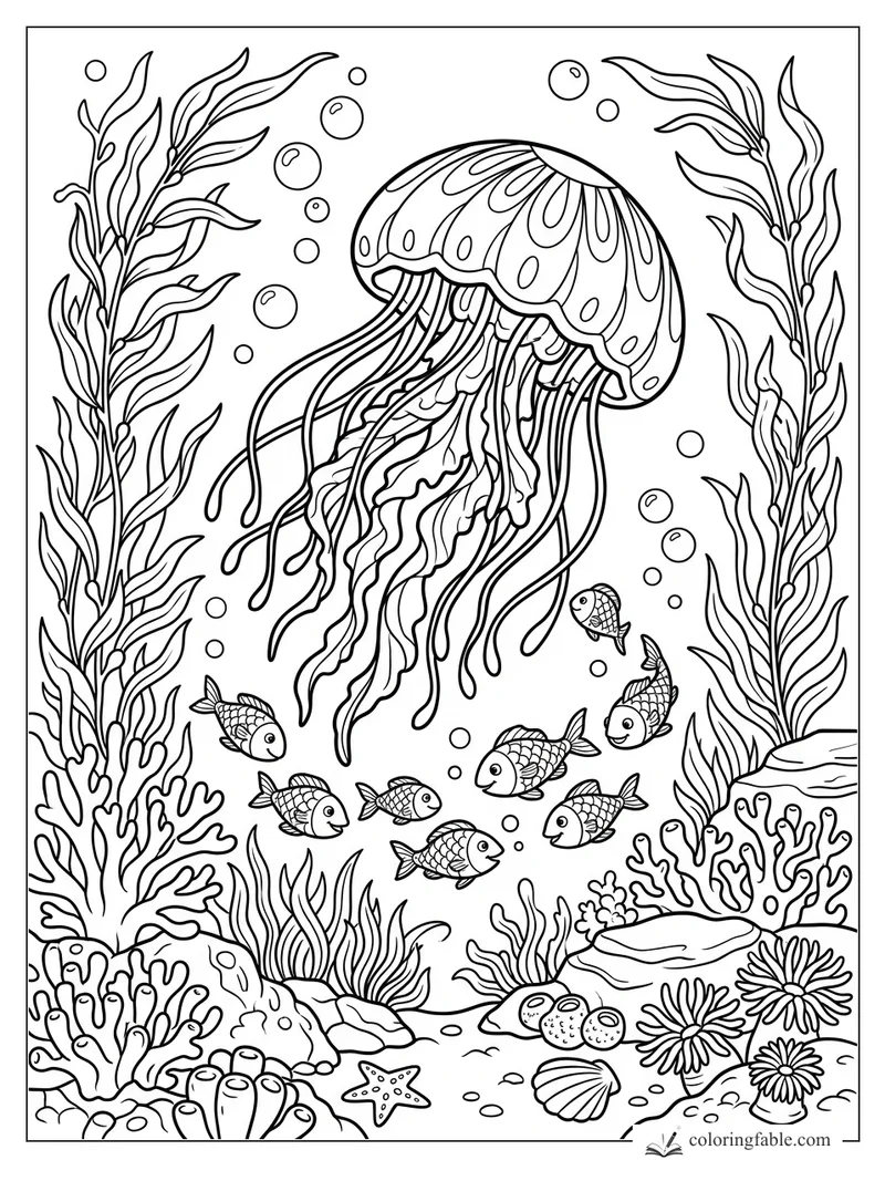 Large patterned jellyfish with long tentacles, small fish, bubbles, seaweed, coral, shells, and starfish.