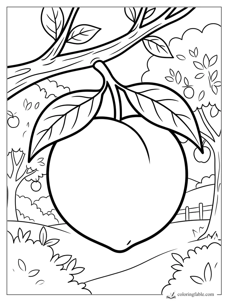 Easy lemon coloring page with a large fruit, two leaves, tree branch, and orchard path.