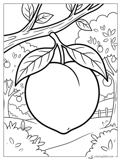 Easy lemon coloring page with a large fruit, two leaves, tree branch, and orchard path.