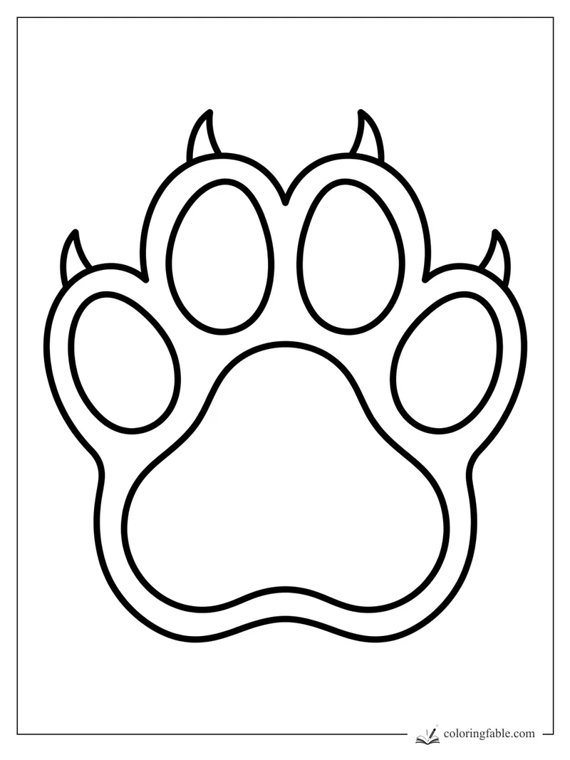 Minimalist lion paw print coloring page with four toe pads, a large center pad, and curved claws.