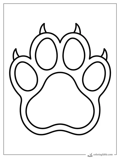Minimalist lion paw print coloring page with four toe pads, a large center pad, and curved claws.