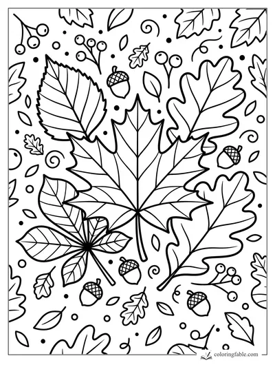 Bold fall coloring page with a large maple leaf, oak leaves, acorns, berries, dots, and swirling wind lines.