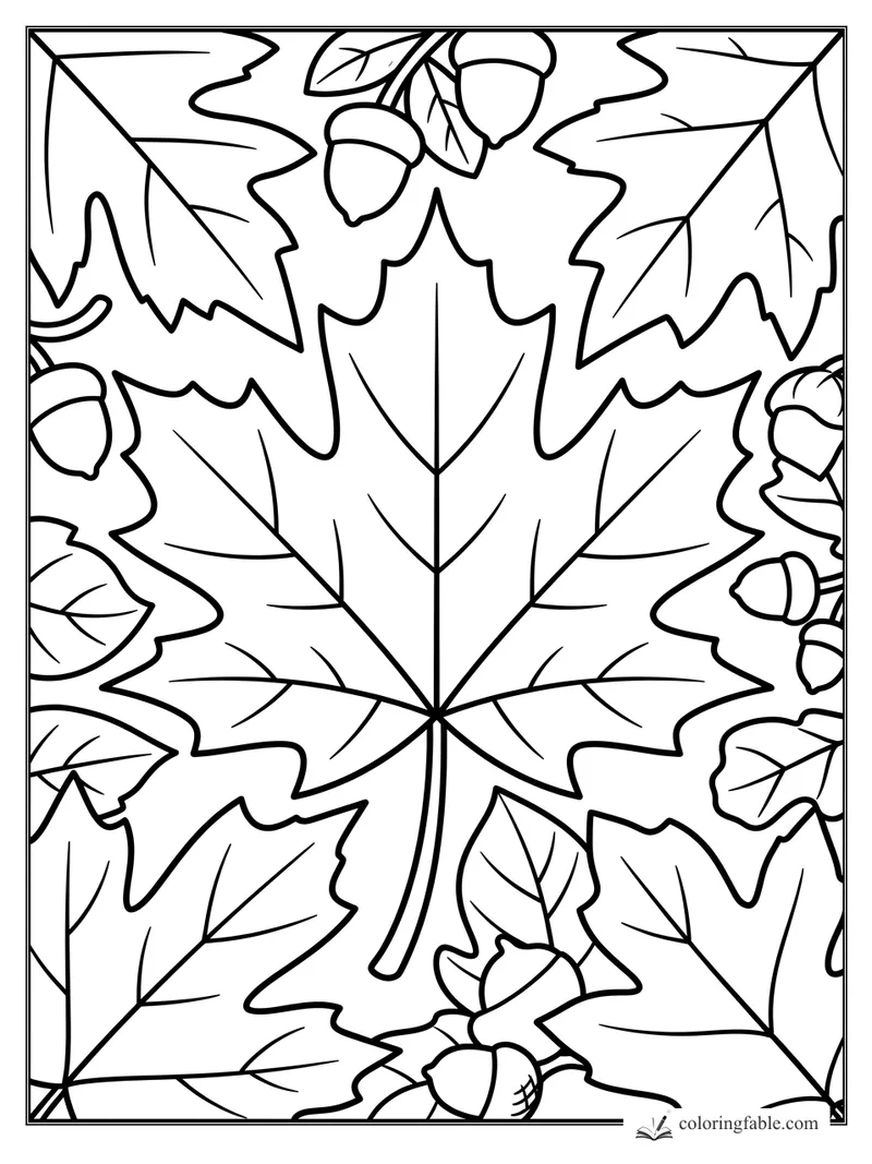 Bold coloring page of a large maple leaf surrounded by smaller leaves and acorns.
