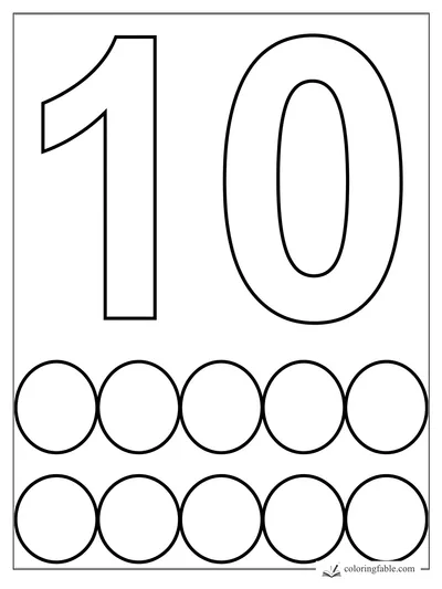 Large number 10 coloring page with ten blank circles in two rows for counting practice.