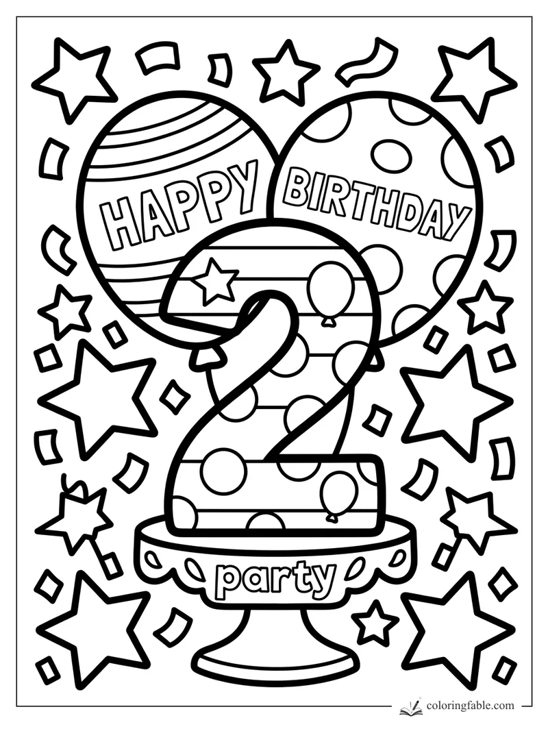 Number 2 birthday cake on a party stand with Happy Birthday balloons, stars, and confetti
