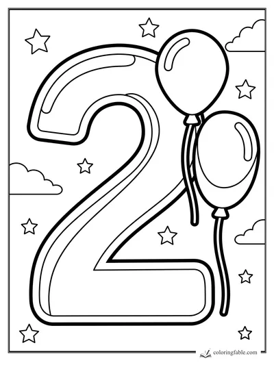 Bold number 2 coloring page with two balloons, stars, clouds, and a rainbow stripe