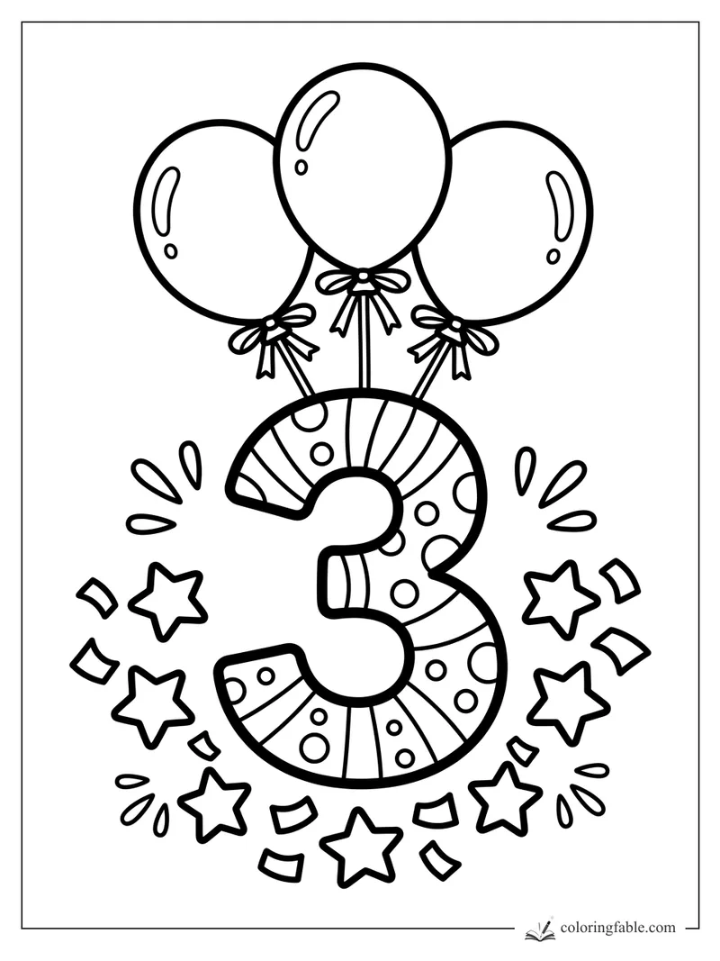 Easy birthday coloring page with a striped number 3, three balloons, stars, and confetti.