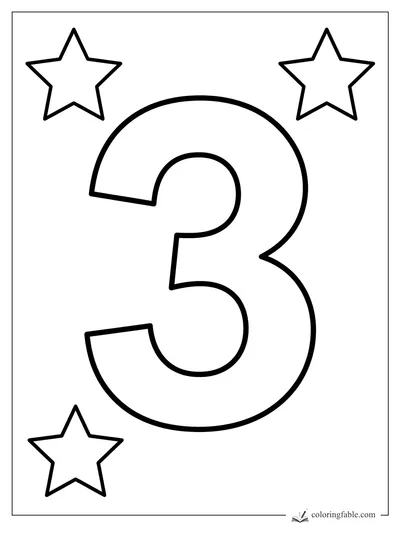 Bold number 3 coloring page with three outlined stars around it
