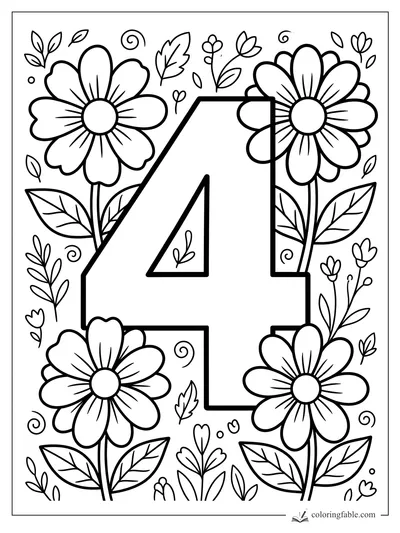 Bold number 4 coloring page with four large flowers, leaves, curls, and tiny buds.