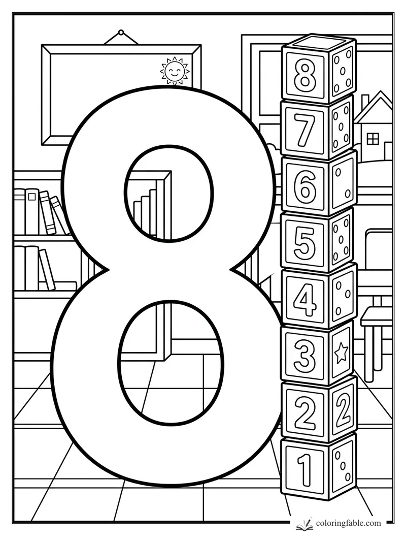 Large number 8 beside stacked counting blocks from 1 to 8 in a playroom coloring page