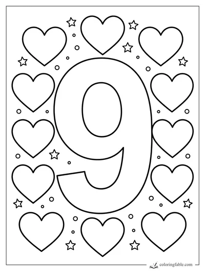 Large number 9 coloring page surrounded by hearts, stars, and small dots.