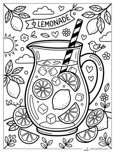 Easy summer lemonade coloring page with a pitcher, striped straw, lemons, hearts, flowers, and a bird.