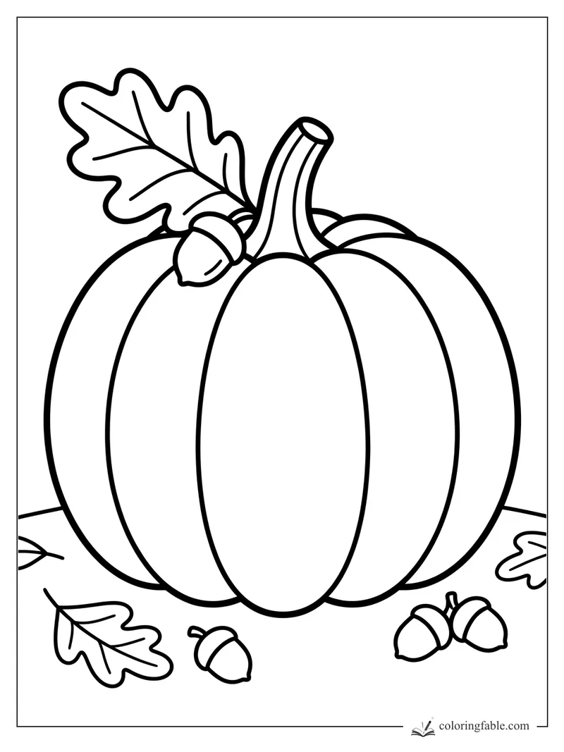 Minimalist Thanksgiving pumpkin coloring page with a curved stem, oak leaf, and scattered acorns