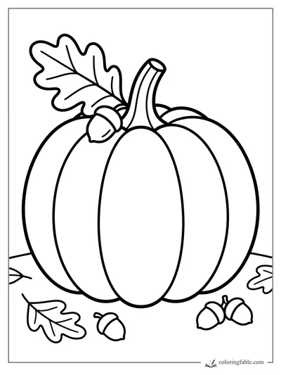 Minimalist Thanksgiving pumpkin coloring page with a curved stem, oak leaf, and scattered acorns