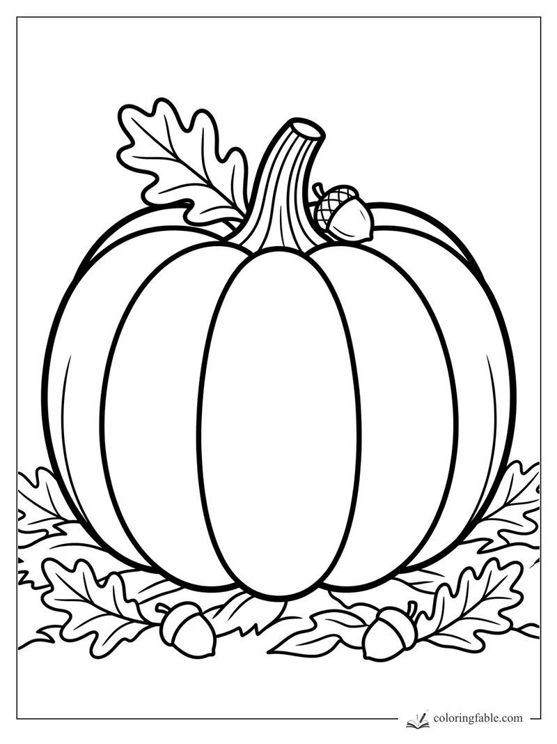 Bold easy fall coloring page with a large pumpkin, oak leaves, and acorns