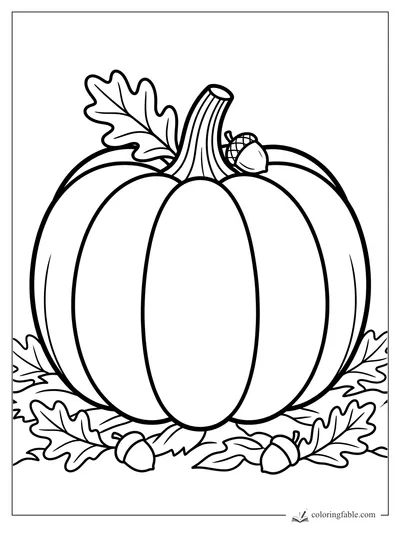 Bold easy fall coloring page with a large pumpkin, oak leaves, and acorns