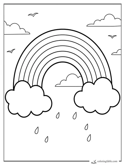 Minimalist rainbow coloring page with puffy clouds, raindrops, small clouds, and flying birds