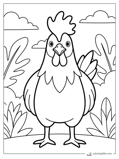 Bold easy rooster coloring page with a tall comb, leafy plants, and clouds