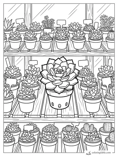 Large rosette succulent in a pot surrounded by smaller succulents, labels, wooden shelves, and cacti.