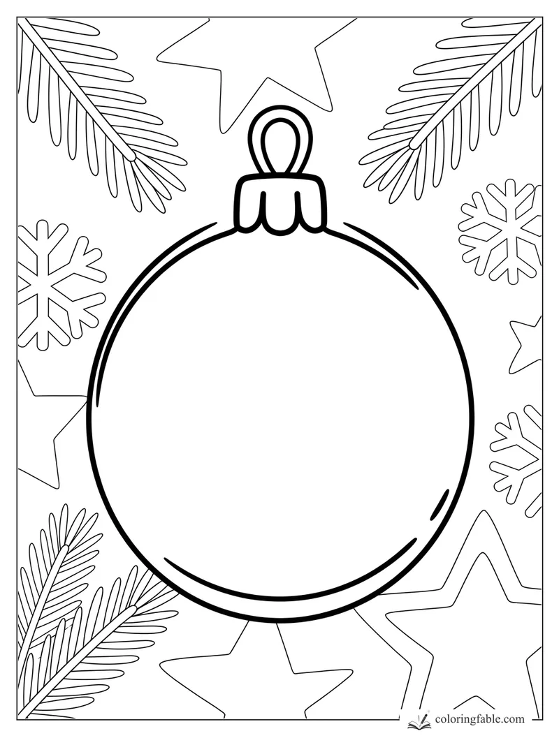 Large blank Christmas ornament with pine branches, snowflakes, and stars to color.