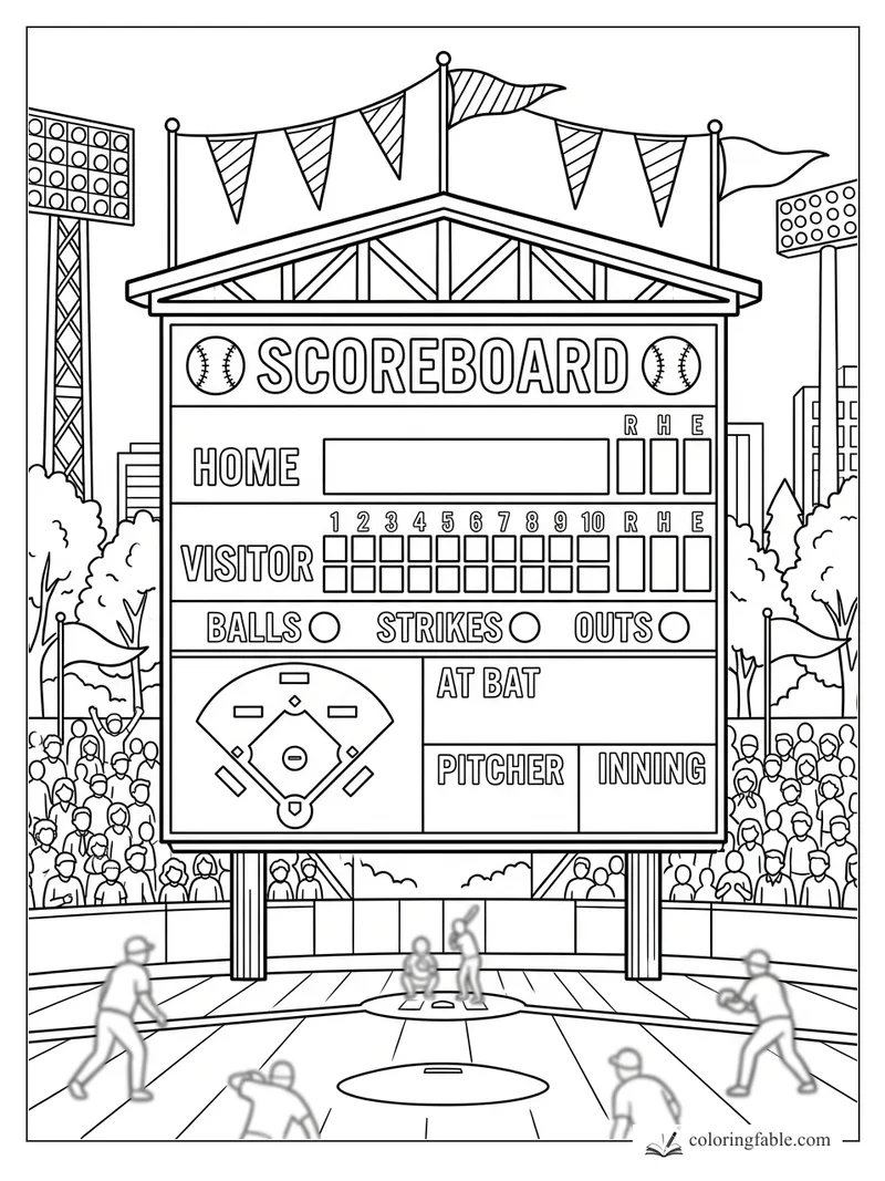 Baseball stadium scoreboard with flags, inning boxes, crowd, lights, and players on the field