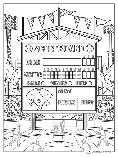 Baseball stadium scoreboard with flags, inning boxes, crowd, lights, and players on the field