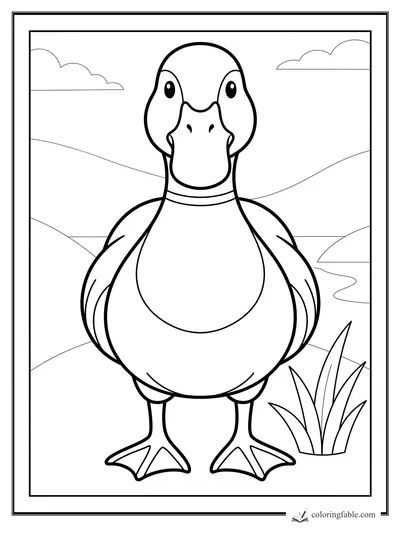 Bold easy duck coloring page with a smiling front-facing duck, pond hills, clouds, and tall grass.