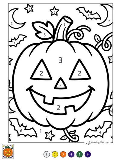 Big Smiling Jack-o’-Lantern with Bats — color by number