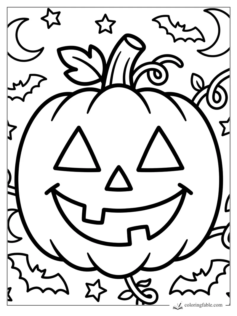 Bold jack-o’-lantern coloring page with triangle eyes, bats, stars, crescent moons, and curly vines