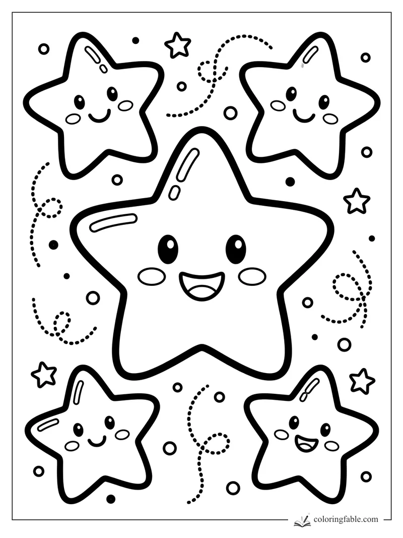 Bold easy coloring page of a big smiling star with four smaller stars, dots, and curly dotted trails.