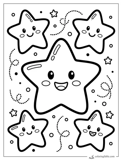 Bold easy coloring page of a big smiling star with four smaller stars, dots, and curly dotted trails.