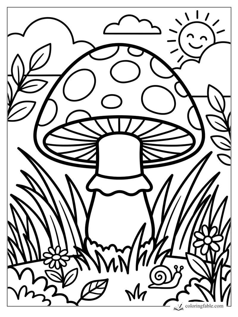 Easy coloring page of a large spotted mushroom with grass, flowers, snail, clouds, and smiling sun.