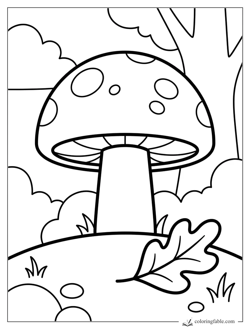 Bold easy mushroom coloring page with spotted cap, tree trunk, bushes, grass, and a large oak leaf