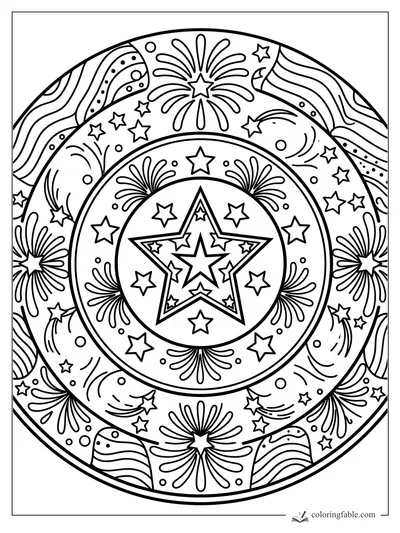 Easy star mandala coloring page with fireworks bursts, wavy bands, dots, and small stars.