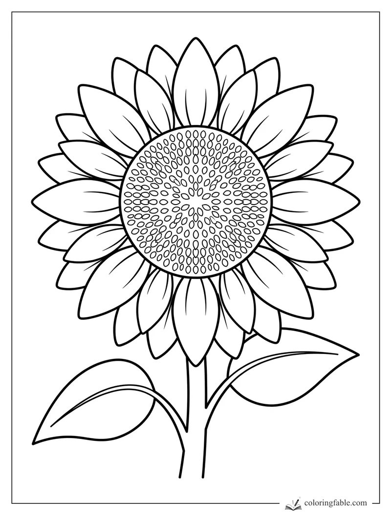 Sunflower coloring page with layered petals, oval seeds, tall stem, and two leaves