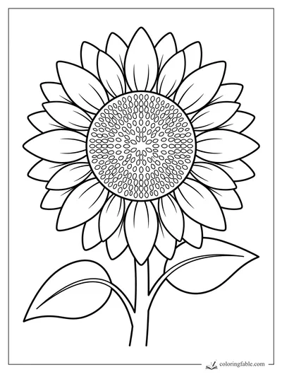 Sunflower coloring page with layered petals, oval seeds, tall stem, and two leaves
