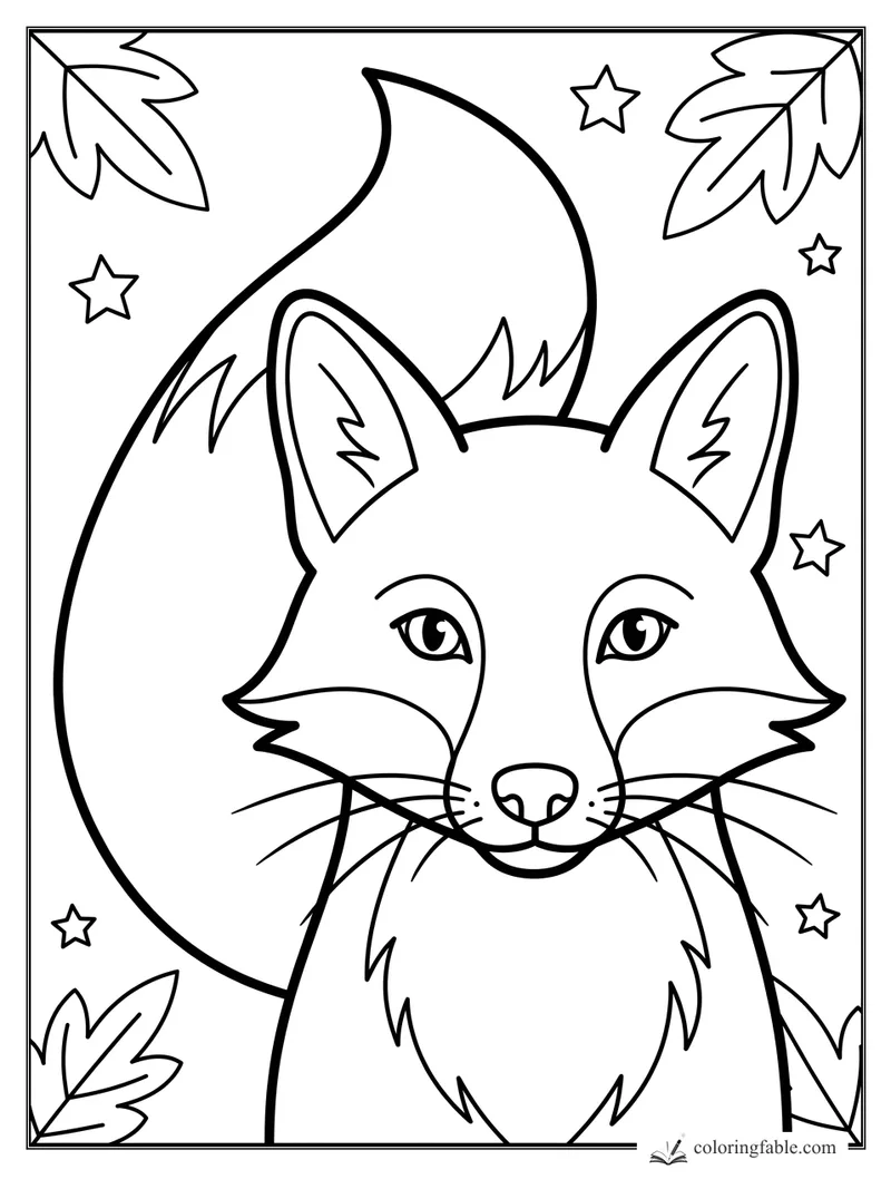 Bold easy fox coloring page with a fluffy tail, pointed ears, leaves, and small stars