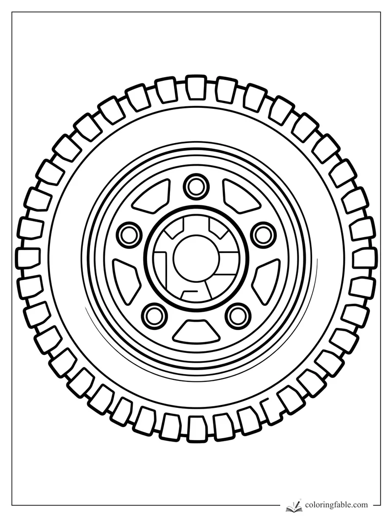 Bold coloring page of a car tire with chunky tread blocks, rings, spokes, and five lug nuts.
